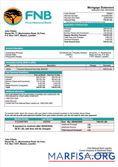 Downloadable Lesotho First National Bank Lesotho mortgage statement Word and PDF template